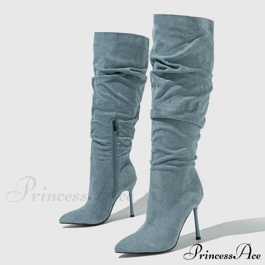 Autumn Winter Pleated Denim Pointed Toe Zip Motorcycle Long Thin Heels Booties High Heel