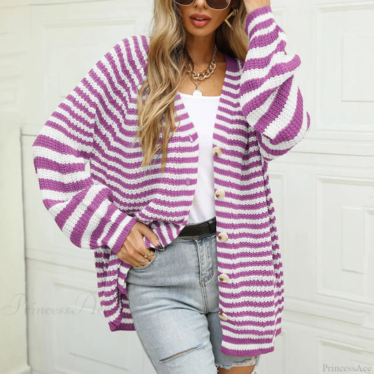 Autumn Winter Warm Casual Knitted Long Sleeve Cardigan Christmas Sweater Purple / S Sweaters-L