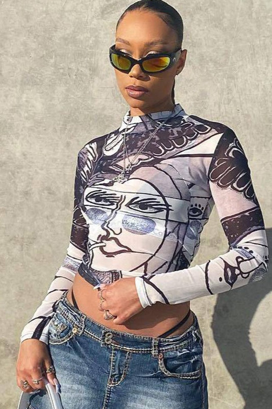 Sexy Sheer Mesh Print Round Neck Long Sleeve Bloshope