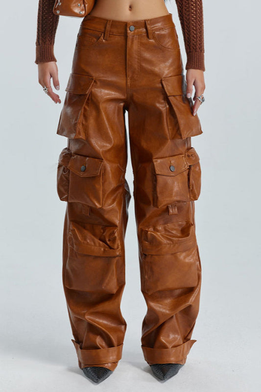 Summer Loose PU Leather Cargo Pant