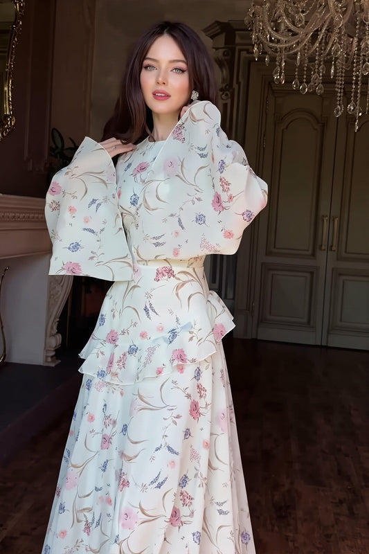 Floral Round Neck Long Sleeve Tie Maxi Dress