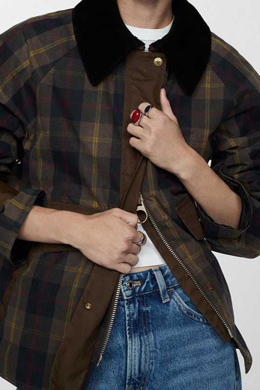 Plaid Faux Fur Collar Zip Decorative Button Coat