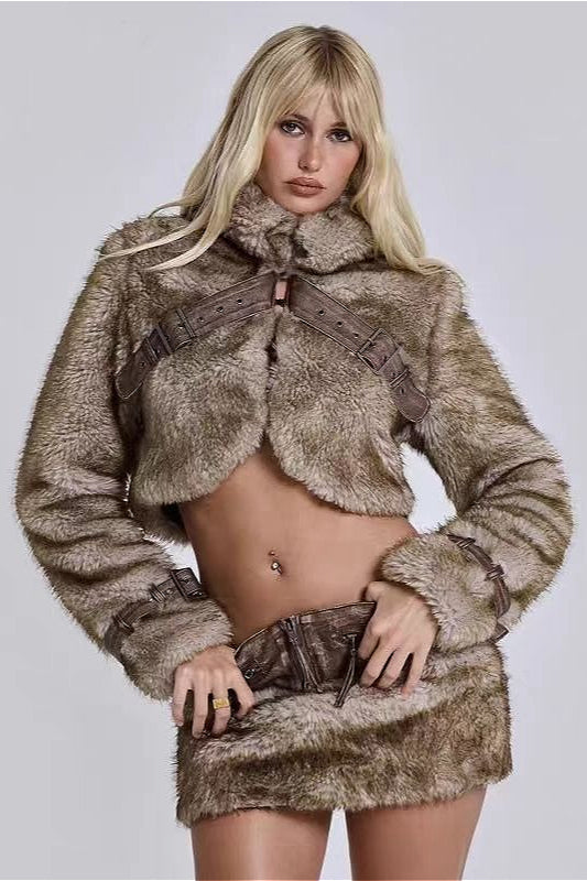 Retro Cropped Turtleneck Faux Fur Warm Jacket