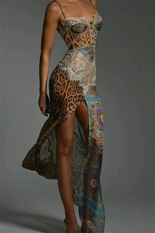 Leopard Printed Patchwork Lace Floral Dress