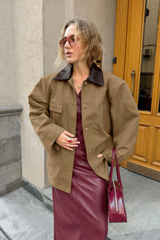 Brown PU Spliced Coat