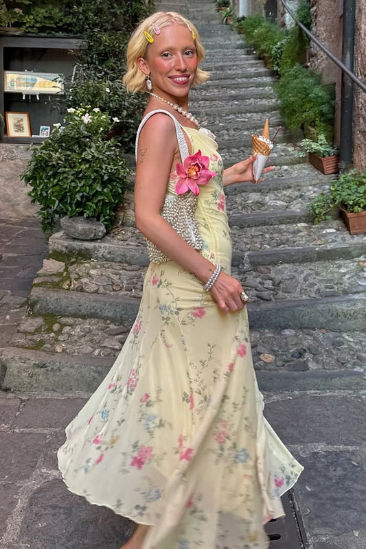 Draped Neck Floral Mesh Midi Dress