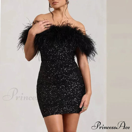 Backless Glitter Feather Slim Party Dress