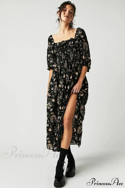 Backless Ruffled Hem Printing Midi Boho Dress