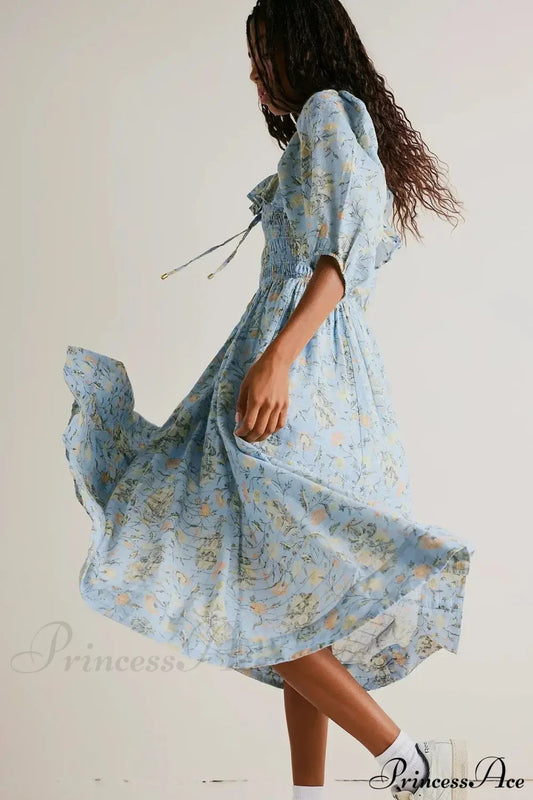 Backless Ruffled Hem Printing Midi Boho Dress