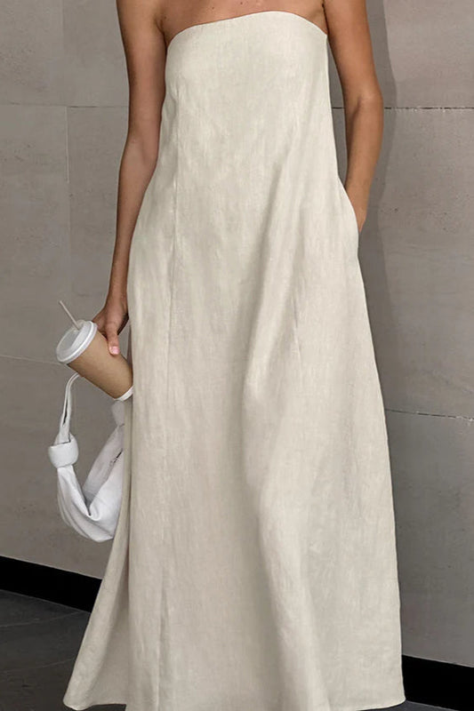 Khaki Cotton Linen Strapless Backless Maxi Dress