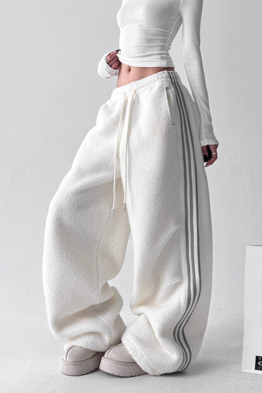 Sporty Plush Wide-Leg Striped Pants