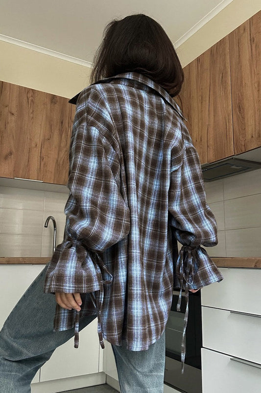 Plaid Tie Waist Long Sleeve Bloshope
