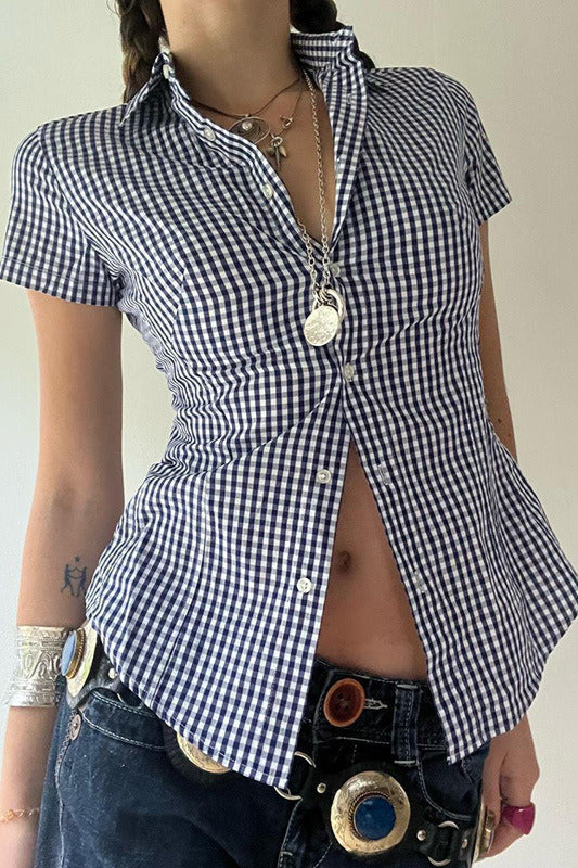 Blue Plaid Fitted Polo Collar Short Sleeve Bloshope