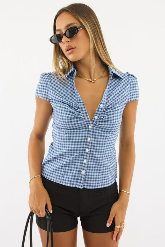 Plaid Short Sleeve Button Down Blouse