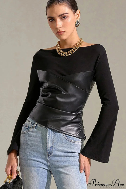 Bell-Sleeve Faux Leather Trim Solid Knit Top
