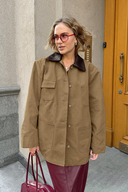 Brown PU Spliced Coat