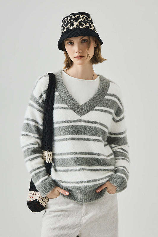 Striped V Neck Loose Long Sleeve Knit Sweater