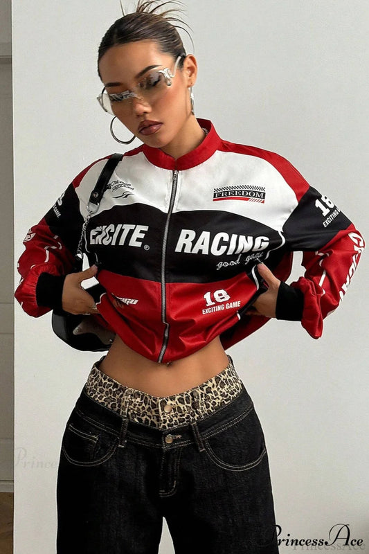 Biker Zip Letter Contrast Long Sleeve Coat