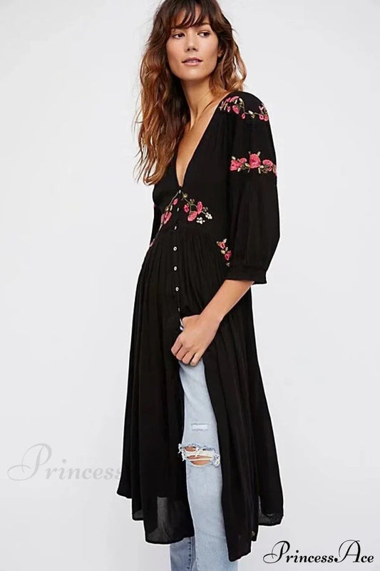 Black Boho Long Dress Floral Embroidery V-neck Hippie Casual Dress