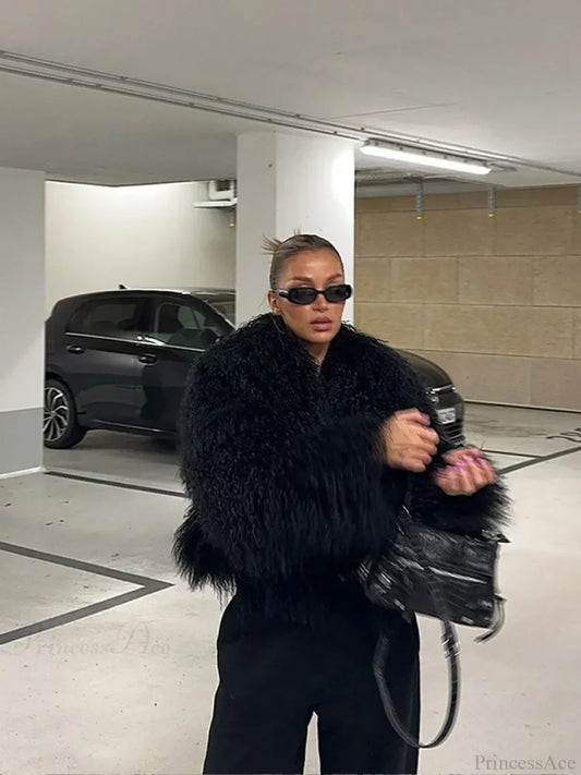 Black Casual Turn Down Collar Coat Black / S