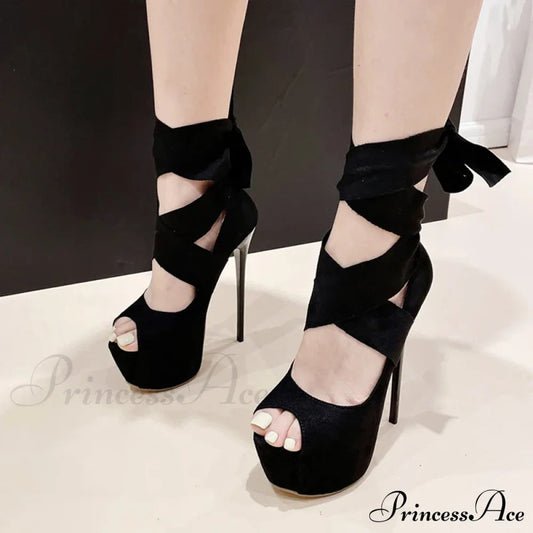 Black High Heels For Women Fashion Ankle Cross Strap Platform Pumps Peep Toe Stiletto Sandals