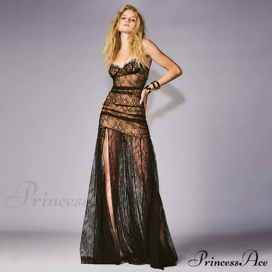 Black Pleated Lace Halter Party Dress
