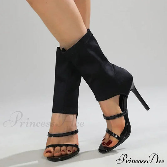 Black Roman Elastic Fabric Sexy Peep Toe Slip-on Thin High Heel Mid Calf Cool Booties Modern High Heel