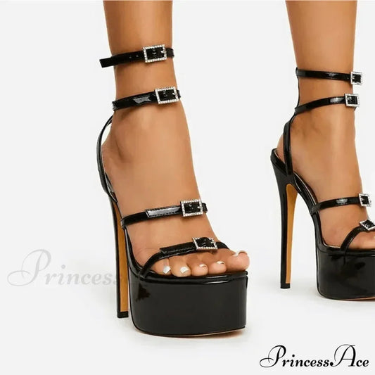 Black Round Head Platform Peep Toe Rhinestone BeltBuckle Strap 16CM Thin High Heels Wedding Banquet High Heel