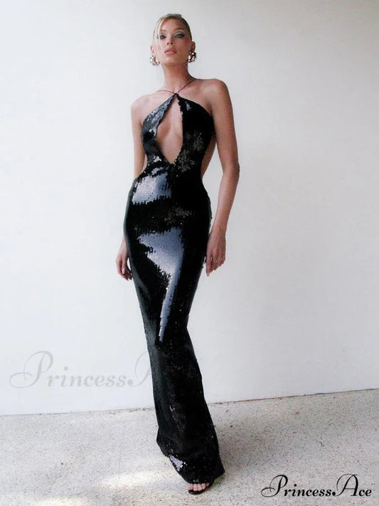 Black Sequin Long Party Dress