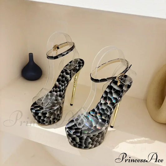 Black Sexy Mesh Butterfly-knot Decoration One Word Peep ToeBuckle Strap Cover Heel Thin High Heeled Banquet High Heel
