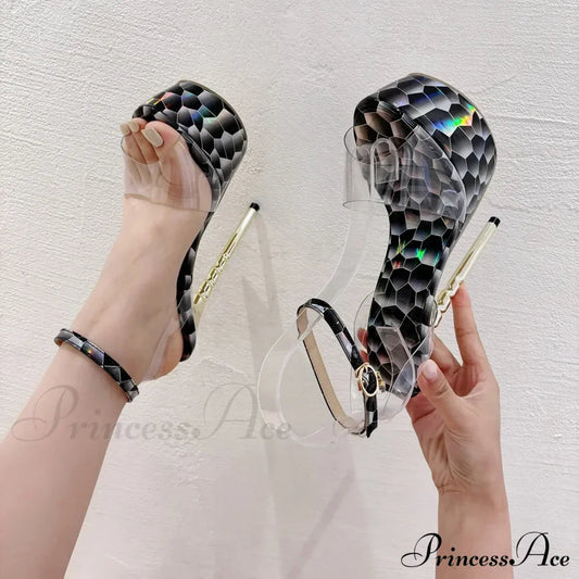 Black Sexy Mesh Butterfly-knot Decoration One Word Peep ToeBuckle Strap Cover Heel Thin High Heeled Banquet High Heel