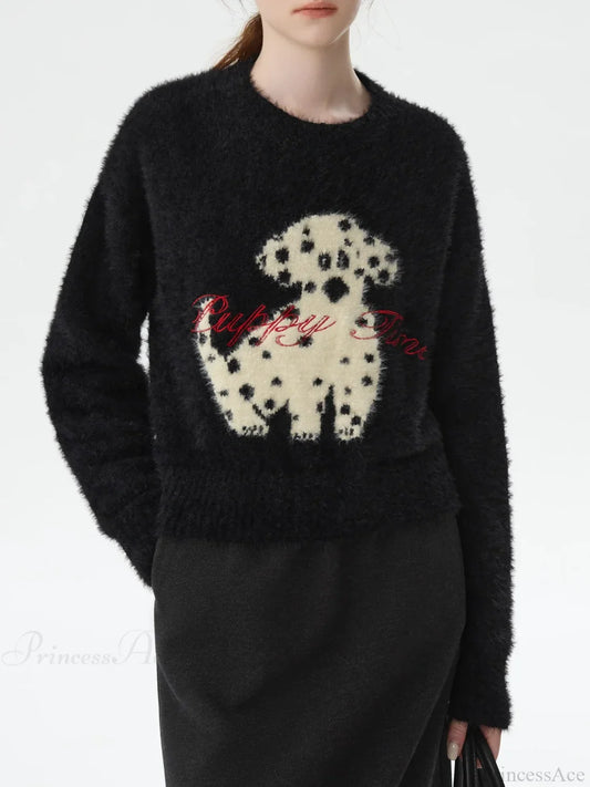 Black White Contrast Dalmatian Embroidered Sweater Black / XS