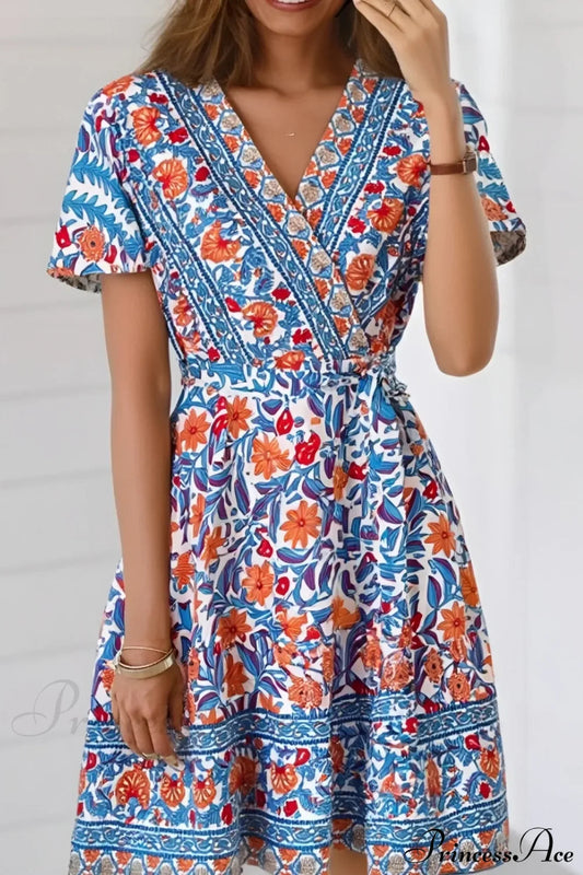 Blue Floral Print Cross V-neck Wrap Summer Mini Boho Dress