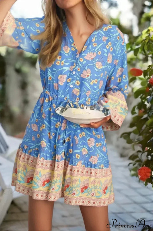 Blue Floral Print Flare Sleeve Boho Dress