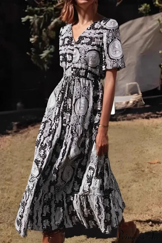 Blue Floral Print Ruffles Sleeve Rayon A-line Beach Maxi Boho Dress