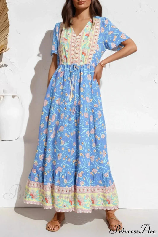 Blue Floral Ruffles Tassel Boho Dress