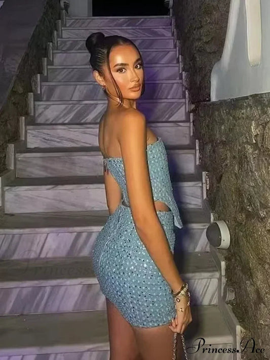 Blue Sequined Denim Strapless Party Dress