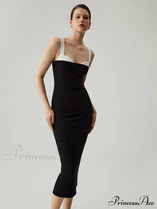 Bodycon Patchwork Sweetheart Trendy Collar Cami Midi Dress Black / Xs Knit Dresses