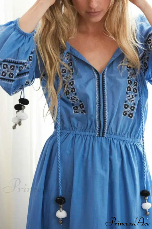 Boho Blue/White Cotton Rayon Maxi Dress