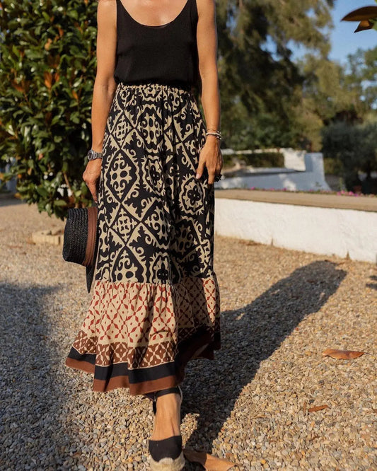 Boho Print High Waist Maxi Skirt Casual Loose Summer Skirt
