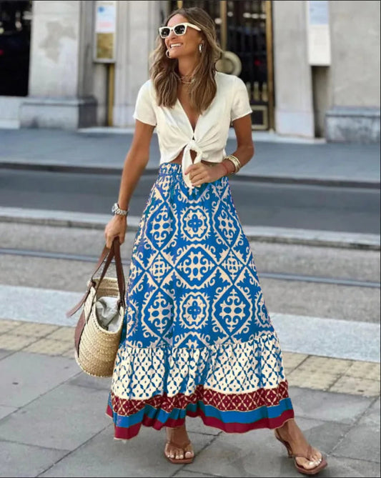 Boho Print High Waist Maxi Skirt Casual Loose Summer Skirt