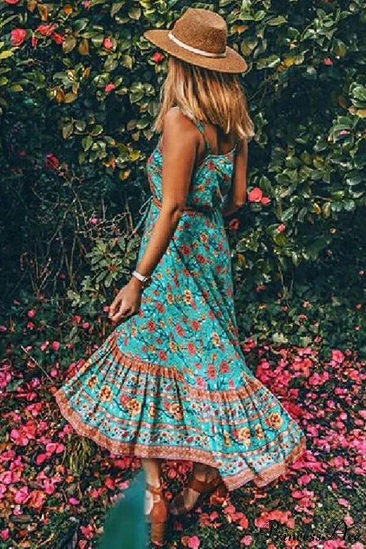 Boho Strap Dresses Gypsy Sleeveless Rayon Floral Print Maxi Dress