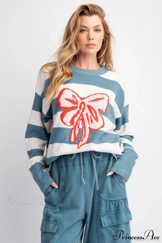 Bow Detail Jacquard Crewneck Long Sleeve Sweater