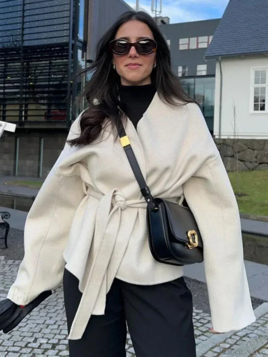 Bow Tie Lace-Up V-Neck Belted Overcoat white / S