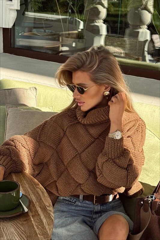 Brown Turtleneck Argyle Chic Cropped Sweater
