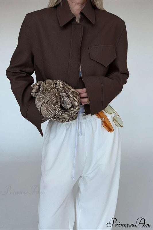 Brown Zip Short Jacket Chic Coat