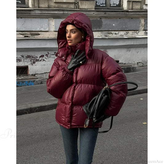 Burgundy Red Stand Collar Parka Wine Red / S Coats-241208
