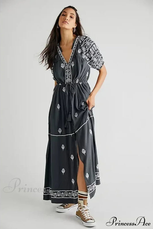 Button Down Embroidery Short Sleeve Chic Boho Dress