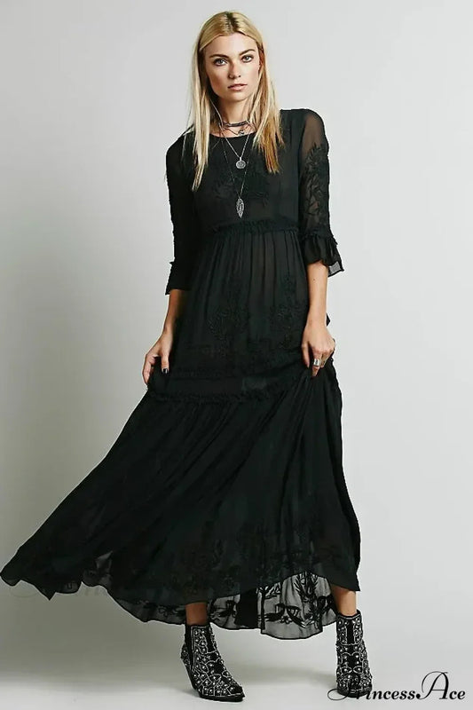 Button Down Hollow Embroidery High Waist Boho Dress