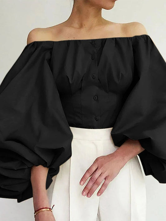 Solid Off-Shoulder Lantern Sleeve Fashion Bloshope